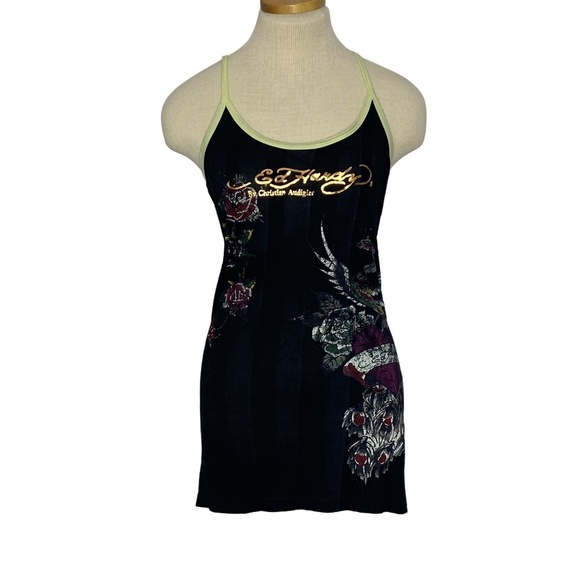 RARE NWT ED HARDY Black Rayon Peacock Rose Tattoo Racerback Dress Y2K M - Picture 15 of 15